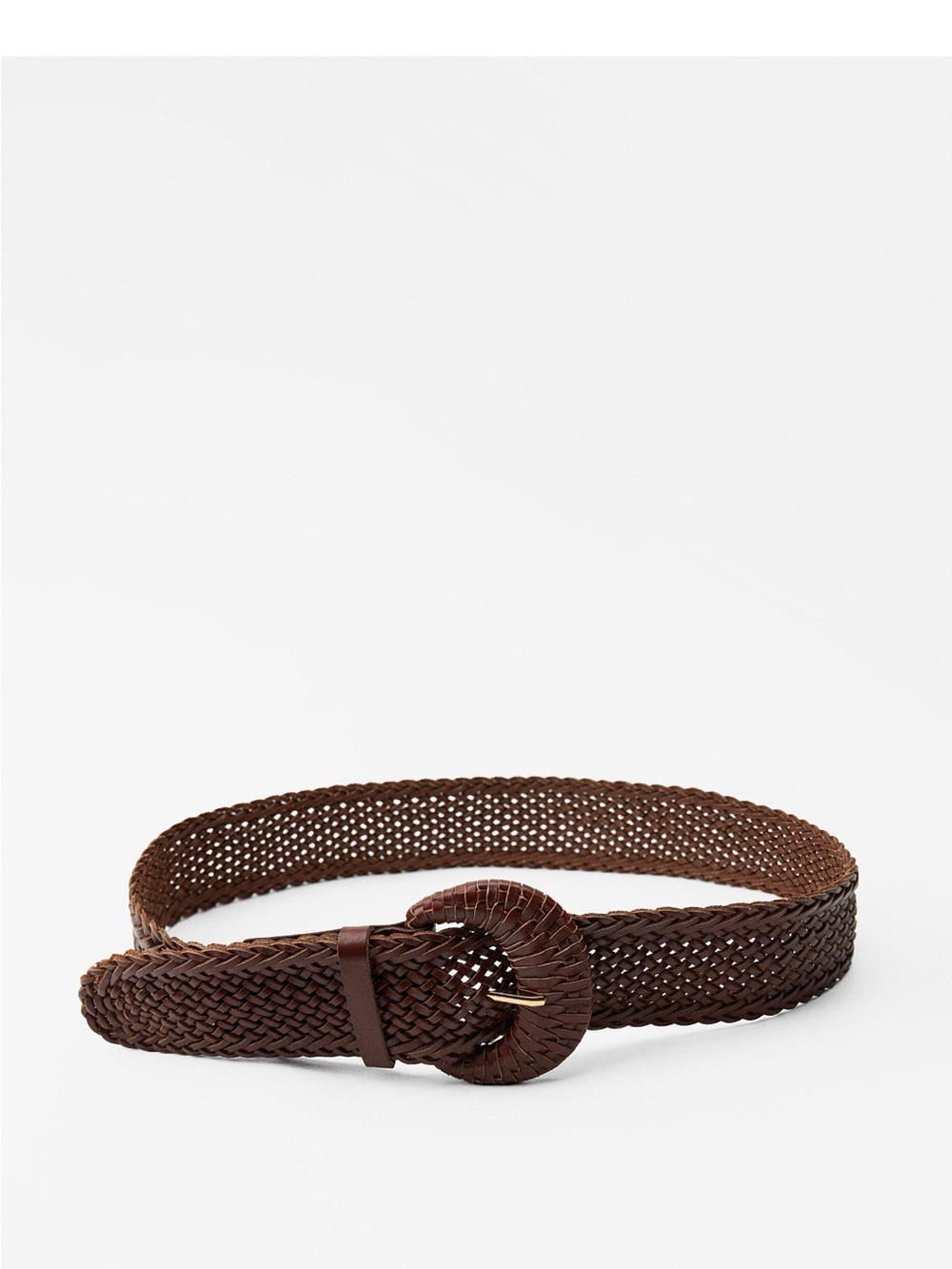 Zara Braided Round-Buckle Belt in Dark Brown. Size L